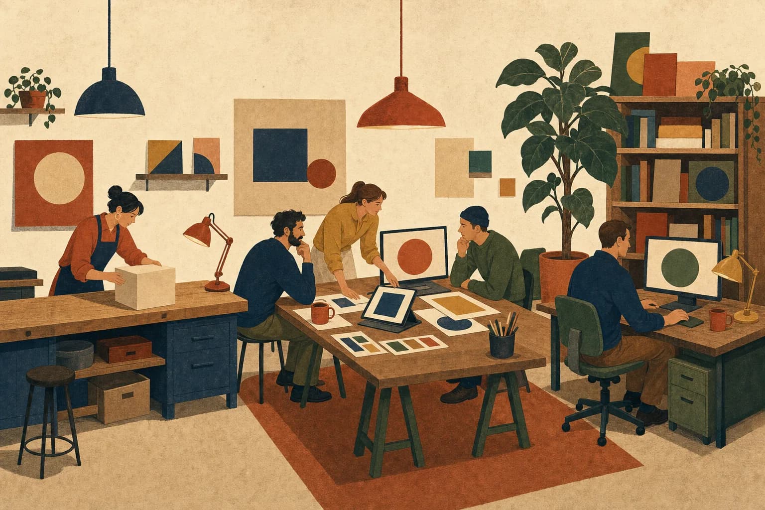 Workers use agency, shared-team, and permanent desk areas in one connected workshop.