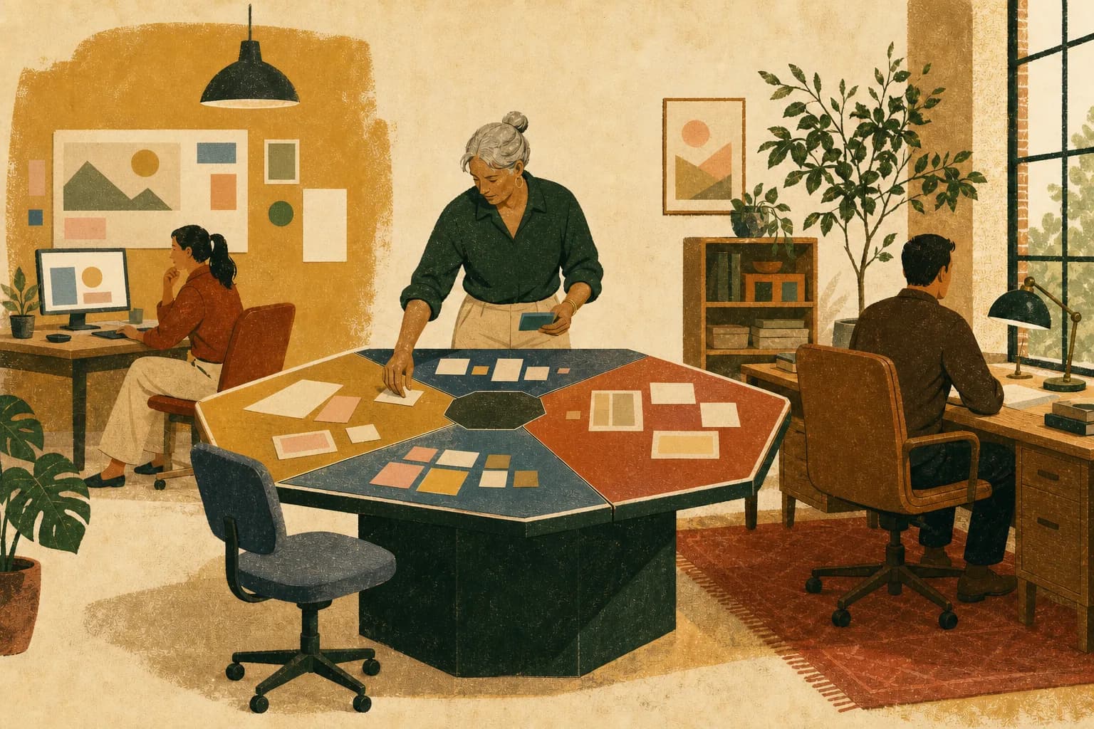 A senior marketer organizes colored workstreams at a modular table between two active desks.