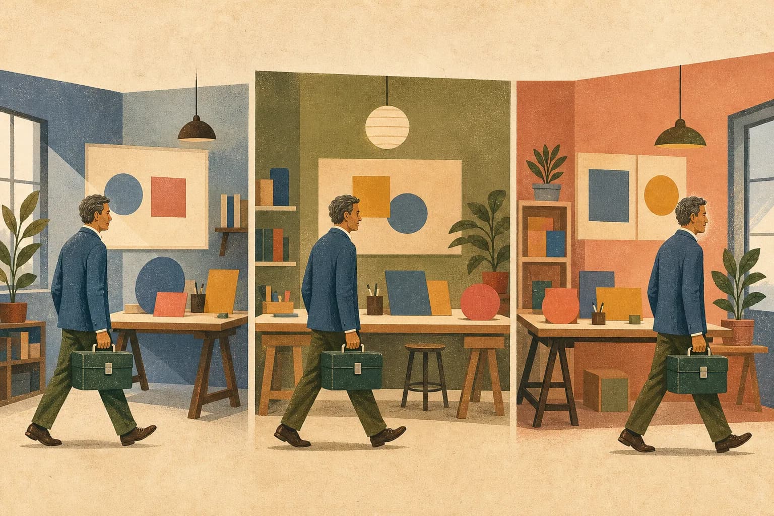 The same specialist carries a toolbox through three differently arranged workrooms.